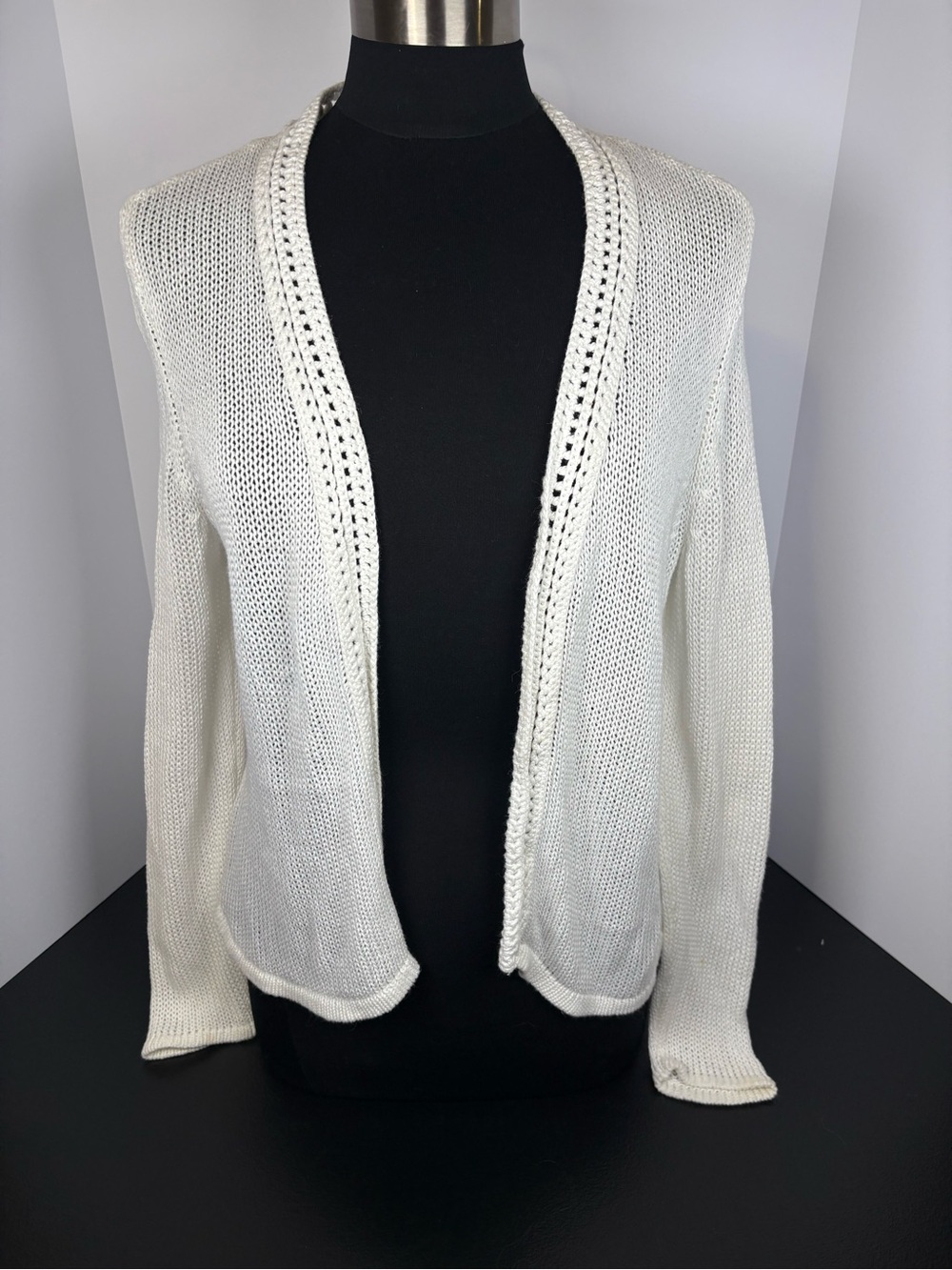 Open-Front White Knit Cardigan Sweater